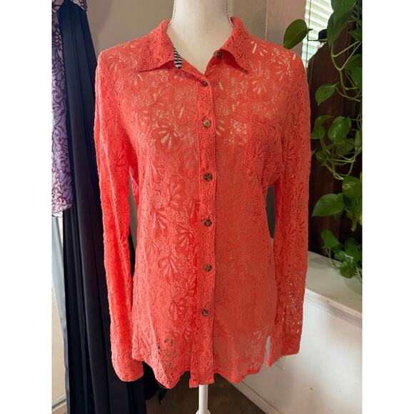 Volcom Oxford coral lace crochet long sleeve button-up Blouse Size L - Picture 6 of 6